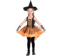 Girls Spooky Spider Witch Halloween Costume Lace Up A link Tutu Dress with Hat and Glove Pumpkin Witch Costumes Elegant Gothic Lace Fancy Dress World Book Day Carnival Performance (Orange, S)