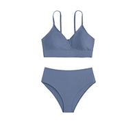 Girl's Sport Solid Summer Bikini Sets 2 Piece Bathing Suit V Neck Adjustable Spaghetti Strap Swimsuit for Teen Girls Sport Solid High Waist Bikini Set Swimwear Bathing Suit (Blue, 12-14 Years)