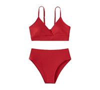 Girl's Sport Solid Summer Bikini Sets 2 Piece Bathing Suit V Neck Adjustable Spaghetti Strap Swimsuit for Teen Girls Sport Solid High Waist Bikini Set Swimwear Bathing Suit (Red, 12-14 Years)