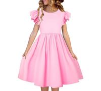Girls Spring Summer Dresses Flutter Sleeve A-line with Belted Pockets Casual Party Dress for Kids 6-16 Years Baby to Girls Holiday Dresses Posh Fashion Girls Dresses