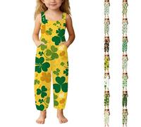 Girls St. Patrick's Day Outfit Sleeveless Jumpsuit, Wide Leg Romper with Pockets Shamrock Print Casual Irish Theme Holiday Wear Dungarees Summer Playsuit Kids Clothes Age 5-14 Years