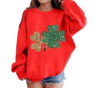 Girls St Patricks Day Sweatshirt Graphic Print Crewneck Long Sleeve Cute Drop Shoulder Pullover Jumper Top for School Holiday Cosy Festive Fun(Red, 8-9 Years)