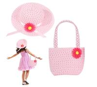 Girls Straw Hat and Handbag Sets, Pink Summer Beach Straw Hat and Mini Handbag Set Cute Sun Cap Girl Foldable Wide Brim Hat Sun Protection Floppy Beach Cap for Little Girls Age 3-12