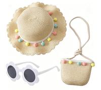 Girls Straw Hat, Sun Hat Set Mini Straw Handbag and Sunglasses Summer Beach Straws Cap Crossbody Bag Sets Beach Straws Hats Summer Travel Accessories for Beach,Vacation,Outdoor Activities(Beige)