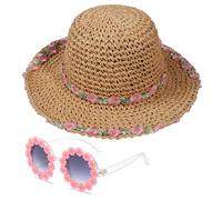 Girls Straw Hat with Flower Round Sunglasses, Summer Foldable Large Brim Sunflower Bowknot Beach Toddler Straw Sun Hat, 2-6T, Khaki-pink Flower, 2-6 Years
