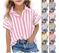 Girls Striped Shirt Button Up Short Sleeve Kids Summer Cotton Linen Top Lapel Loose Fit Blouse Casual Breathable Lightweight Tee Fashion Elegant (Blue, 11-12 Years)