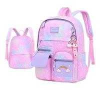 Girls Students Purple Star School Backpack Nylon Daypack with Bottle Side Pockets Detachable Front Pouch Adjustable Straps for Classes Travel Daily Study and Daily Classes