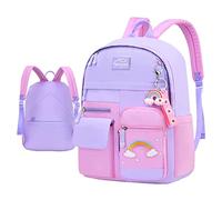 Girls Students Purple Star School Backpack Nylon Daypack with Bottle Side Pockets Detachable Front Pouch Adjustable Straps for Classes Travel Daily Study and Daily Classes