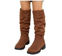 Girls Suede Slouch Knee High Boots Chunky Block Heel Pull On Ruched Design Retro Fashion Dress Boots Non Slip Lug Sole Comfortable Warm Shoes for Autumn Winter School Events Parties Holiday Outfits