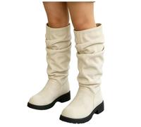 Girls Suede Slouch Knee High Boots Chunky Block Heel Pull On Ruched Design Retro Fashion Dress Boots Non Slip Lug Sole Comfortable Warm Shoes for Autumn Winter School Events Parties Holiday Outfits