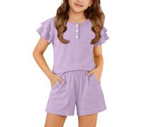 Girls Summer 2 Piece Short Outfit Set, Button Front Ruffle Trim Short Sleeve Tee, Straight Cut Casual Shorts with Convenient Side Pockets, Soft Light Separates for Kids Daily Use(Purple, 5-6 Years)