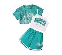 Girls Summer 3 Piece Outfit Set Casual Loose Fit Sleeveless Top Shorts Combo Breathable Playwear for Outdoor Activities Age 8 14 Comfortable (Green-b, 9-10 Years)