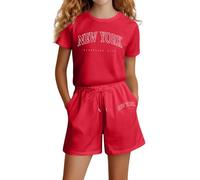 Girls Summer Casual Outfit Letter Print Short Sleeve Top and Shorts Set Loose Fit Comfortable Playwear for Kids Age 4-14 (16-Red, 6 Years)
