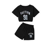 Girls Summer Casual Playwear Set Letter Print Short Sleeve Tee and Elastic Waist Shorts Comfortable Toddler Kids Outfit Black