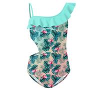 Girls Summer Cute Strap Swimming Costume One Piece Beach One Shoulder Bikini Swimsuit Blue Floral Print 2XL