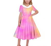 Girls’Summer Dress Midi Casual High Waist A Line Princess Skater Party Dress Short Sleeve Festival Swing Dresses Kids Flower Girl Dresses Graphic Tie Dye Sundress