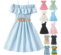 Girls Summer Dress Off Shoulder Dress Children School Daily Clothing with Belt Ruffle Sleeves Elegant A-Line Spaghetti Casual Sundress Swing Summer One-Shoulder Elegant Party Vacation School Dresses