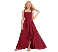 Girls Summer Dress Prom Dresses for Teenagers Spaghetti Strap Casual Ruched Formal Evening Gown Square with Asymmetricalhem Perfect for Prom Graduation Party Wedding Birthday (9-10 Years) Wine