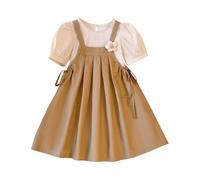 Girls Summer Dress Sets Puff Short Sleeve Crewneck Shirts and Smocked Flared A-line Flowy Swing Dresses (Khaki, 5-6 Years)