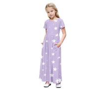 Girls Summer Dress Short Sleeve Cute Graphic Print Maxi Dresses Side Pockets A Line Dress Kids Summer Casual Long Dresses Birthday Party Wear Multicolor 11 Years