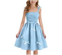 Girl's Summer Dress - Spaghetti Strap,A Line,Bow,Front Ruched,Swing,Pleated,Flowy,Boho,Casual,Midi Cami Dresses Sundress Birthday Party Wedding Prom Gown (UK, Age, 10 Years, 11 Years, Regular, Blue)
