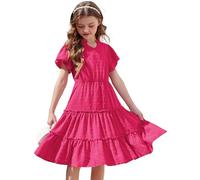 Girls Summer Dress V Neck Short Sleeve Dress a Line Swing Dot Dress Solid Color Casual Dress Wedding Festive Elegant Chiffon Dress with Pocket 3-4 Years Rose Red