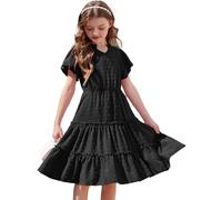 Girls Summer Dress V Neck Short Sleeve Dress a Line Swing Dot Dress Solid Color Casual Dress Wedding Festive Elegant Chiffon Dress with Pocket 5-6 Years Black