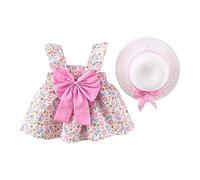 Girls Summer Dress with Sun Hat Bow Cotton Princess Dress Toddler Baby Sleeveless Floral Sundress Beach Sweet Sun Straw Hat Casual Vacation Girl One Piece A-Line Sundress