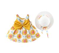 Girls Summer Dress with Sun Hat Bow Cotton Princess Dress Toddler Baby Sleeveless Floral Sundress Beach Sweet Sun Straw Hat Casual Vacation Girl One Piece A-Line Sundress B-White