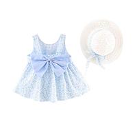 Girls Summer Dress with Sun Hat Bow Cotton Princess Dress Toddler Baby Sleeveless Floral Sundress Beach Sweet Sun Straw Hat Casual Vacation Girl One Piece A-Line Sundress