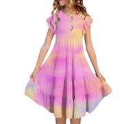 Girls Summer Dresses Double Layer Flutter Sleeve Flowy A-Line Casual Gradient Midi Dresses for 6-15 Years Infant Winter Dress Party Dresses for Toddler Girls 2t
