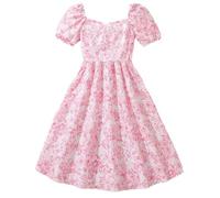 Girls Summer Dresses Puff Sleeves Round Collar Shirt Dress Cute Childrens Casual Outing Flower Skirt Fashion A-Line Walking Hiking Beach Clothing for Kid Age 8-12 Years