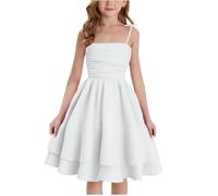 Girl's Summer Dresses Spaghetti Strap Swing Pleated Cotton Dress Teen Girls Flowy Front Ruched Boho Beach Casual Midi Sundress for Princess Birthday Party Wedding Prom Gown Age 8-12 Years