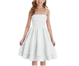 Girl's Summer Dresses Spaghetti Strap Swing Pleated Cotton Dress Teen Girls Flowy Front Ruched Boho Beach Casual Midi Sundress for Princess Birthday Party Wedding Prom Gown Age 8-12 Years