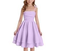 Girl's Summer Dresses Spaghetti Strap Swing Pleated Cotton Dress Tween Kids Flowy Front Ruched Boho Beach Casual Midi Sundress for Princess Birthday Party Wedding Prom Gown Pink 8-12 Years