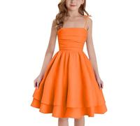 Girl's Summer Dresses Spaghetti Strap Swing Pleated Cotton Dress Tween Kids Flowy Front Ruched Boho Beach Casual Midi Sundress for Princess Birthday Party Wedding Prom Gown Pink 8-12 Years