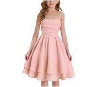 Girls Summer Dresses Spaghetti Strap Swing Pleated Dress Tween Kids Loose Smocked Ruched A Line Midi Dresses Elegant Casual Sundress for Princess Birthday Party Wedding Prom Gown Pink 11-12 Years