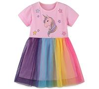 Girls Summer Dresses Unicorn Short Sleeve Princess Birthday Party Dress for Kids 4-5 Years
