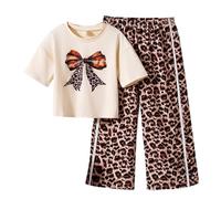 Girls Summer Fashion Leopard Print Two Piece Set with Bow Short Sleeve Top and Comfortable Long Pants for Toddler Kids Clothes for Age 11-12 Bunny Girl Outfit Teen Red Trousers