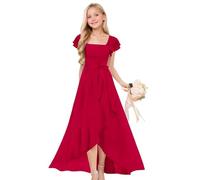 Girls Summer Long Dress Flutter Sleeve Square Neck A-Line Swing Flowy Wedding Dresses Formal Elegant Bridesmaid Maxi Prom Gown Brithday PartyPageant with Belt (Wine, 5-6 Years)
