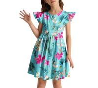Girls Summer Mini Dress Sleeveless Tropical Flower Dress Short Flutter Sleeve A-Line Swing Dresses Soft Elegant Kids Girls 2025 Casual Sundress Crew Neck Dresses Age 3-10 (Mint Green #9, 5-6 Years)
