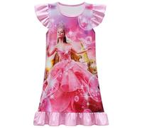 Girls' Summer Nighties Cartoon Short Sleeve Flutter Sleeve Pink Nightdress Soft Sleep Dress 4-9 Years (Pink, 7-8 Years)
