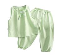 Girls Summer Outfit Cute Bow Sleeveless Crewneck Tank Tops and Solid Color Elastic Waist Casual Pants 2pcs Sets (Light Green, 12-18 Months)