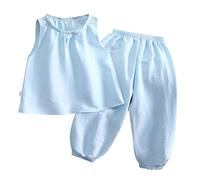 Girls Summer Outfit Cute Bow Sleeveless Crewneck Tank Tops and Solid Color Elastic Waist Casual Pants 2pcs Sets (Light Blue, 12-18 Months)