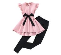 Girls Summer Outfit Set Flutter Sleeve Blouse with Wide Flared Skirt and Solid Pants Casual Beach School Party Wear for 8-12 Years (9-10 Years) Pink