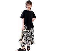 Girls Summer Outfit Set Trendy Loose T-Shirt with Flowy - Wide Leg Pants Casual Playful Sleeve Top and Comfortable Bottoms for Everyday Wear (Black-B, 8-9 Years)