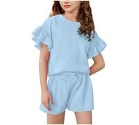 Girls' Summer Outfit Sleeve Top and Elastic Waist Shorts Clothing Set Lightweight Casual Two Piece Baby Twin Girl Clothes (Blue, 8-9 Years)