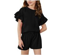 Girls' Summer Outfit Sleeve Top and Elastic Waist Shorts Clothing Set Lightweight Casual Two Piece Baby Twin Girl Clothes (Black, 12-13 Years)
