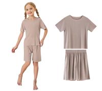 Girls Summer Outfits 2024 Trendy Round Neck Ice Silk Ribbed Short Sleeve Shorts Set Casual Comfortable Loose Fit Toddler Kids Clothes Age 2-15 (a-Khaki, 8-9 Years)