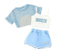 Girls Summer Outfits 3 Piece Set Casual Loose Fit Sleeveless Top Shorts Combo for Outdoor Playwear Age 8-14 Comfortable Breathable (Light Blue-a, 13-14 Years)